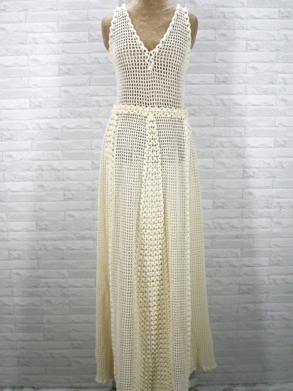 HANDMADE Crochet Dress Sleeveless Ruffle Maxi Mesh Wedding Bridal Summer Ecru